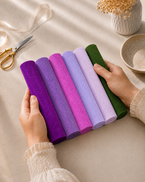 ROCO PAPER İtalyan Krapon Kağıdı Set Purple – 180 gr - 25X125 cm 6'lı Paket - %260 esneme özelliği – Renkli Kağıt Çiçekler