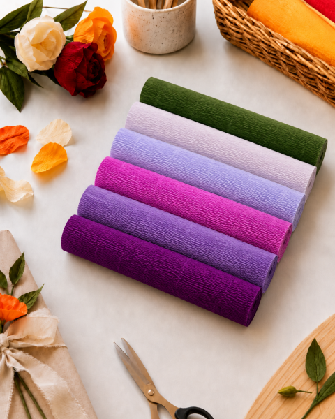 ROCO PAPER İtalyan Krapon Kağıdı Set Purple – 180 gr - 25X125 cm 6'lı Paket - %260 esneme özelliği – Renkli Kağıt Çiçekler