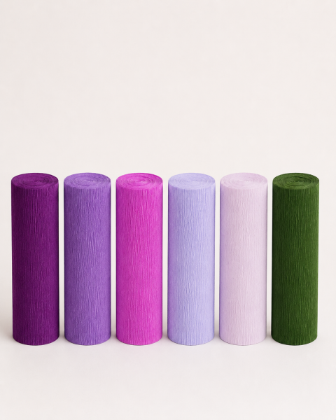ROCO PAPER İtalyan Krapon Kağıdı Set Purple – 180 gr - 25X125 cm 6'lı Paket - %260 esneme özelliği – Renkli Kağıt Çiçekler