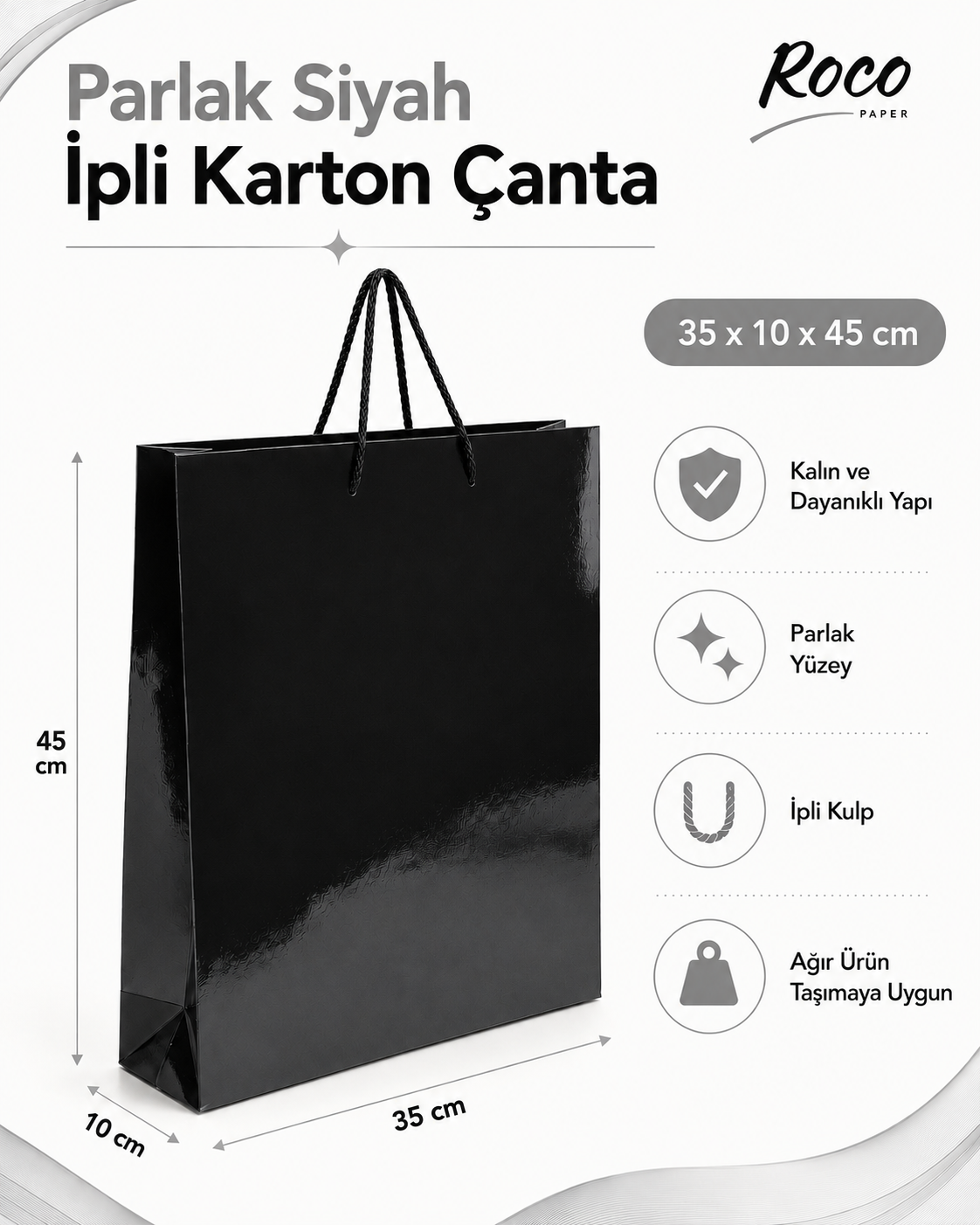35 x 45 x 10 cm Premium Karton Hediye Çantası | Şık ve Dayanıklı Hediye Poşeti Siyah - 5 Adet