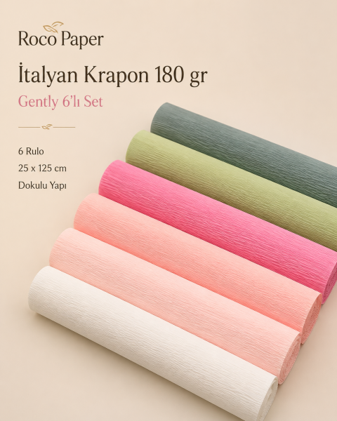 ROCO PAPER İtalyan Krapon Kağıdı Set Gently – 180 gr - 25X125 cm 6'lı Paket - %260 esneme özelliği – Renkli Kağıt Çiçekler