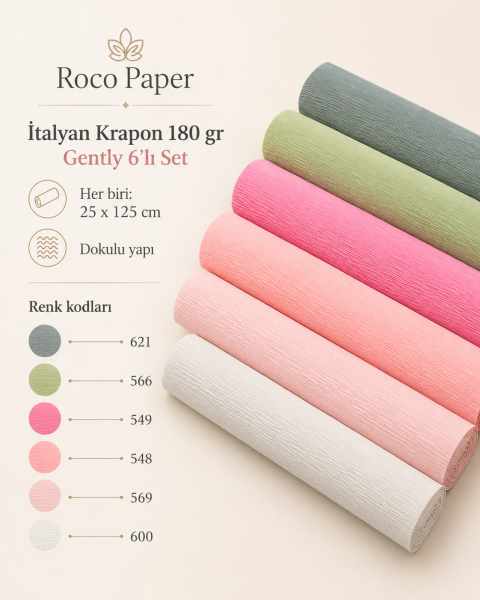 ROCO PAPER İtalyan Krapon Kağıdı Set Gently – 180 gr - 25X125 cm 6'lı Paket - %260 esneme özelliği – Renkli Kağıt Çiçekler