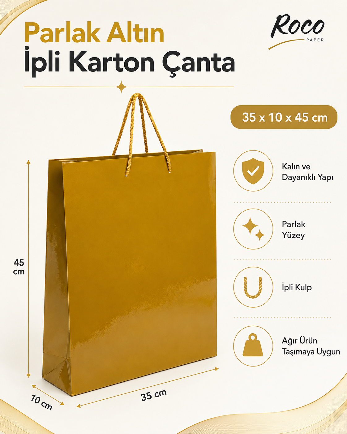 35 x 45 x 10 cm Premium Karton Hediye Çantası | Şık ve Dayanıklı Hediye Poşeti Altın - 5 Adet