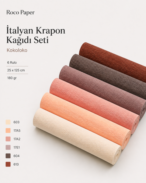 ROCO PAPER İtalyan Krapon Kağıdı Set Kokoloko – 180 gr - 25X125 cm 6'lı Paket - %260 esneme özelliği – Renkli Kağıt Çiçekler