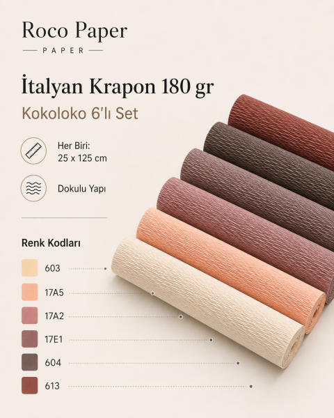 ROCO PAPER İtalyan Krapon Kağıdı Set Kokoloko – 180 gr - 25X125 cm 6'lı Paket - %260 esneme özelliği – Renkli Kağıt Çiçekler