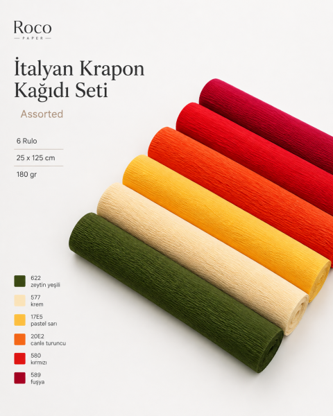 ROCO PAPER İtalyan Krapon Kağıdı Set Assorted – 180 gr - 25X125 cm 6'lı Paket - %260 esneme özelliği – Renkli Kağıt Çiçekler