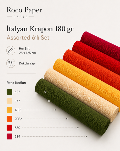ROCO PAPER İtalyan Krapon Kağıdı Set Assorted – 180 gr - 25X125 cm 6'lı Paket - %260 esneme özelliği – Renkli Kağıt Çiçekler