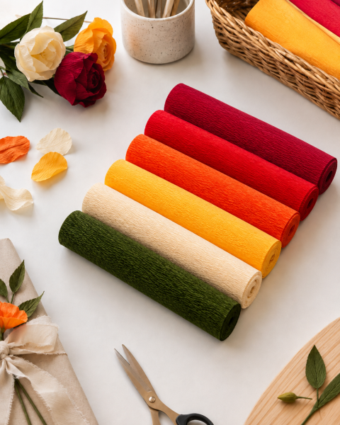 ROCO PAPER İtalyan Krapon Kağıdı Set Assorted – 180 gr - 25X125 cm 6'lı Paket - %260 esneme özelliği – Renkli Kağıt Çiçekler