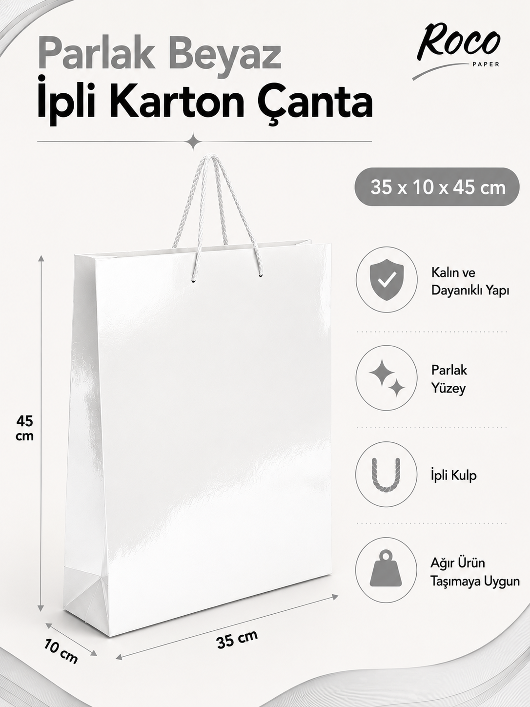 35 x 45 x 10 cm Premium Karton Hediye Çantası | Şık ve Dayanıklı Hediye Poşeti Beyaz - 5 Adet