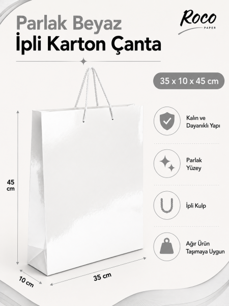 35 x 45 x 10 cm Premium Karton Hediye Çantası | Şık ve Dayanıklı Hediye Poşeti Beyaz - 5 Adet