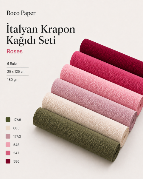 ROCO PAPER İtalyan Krapon Kağıdı Set Roses – 180 gr - 25X125 cm 6'lı Paket - %260 esneme özelliği – Renkli Kağıt Çiçekler