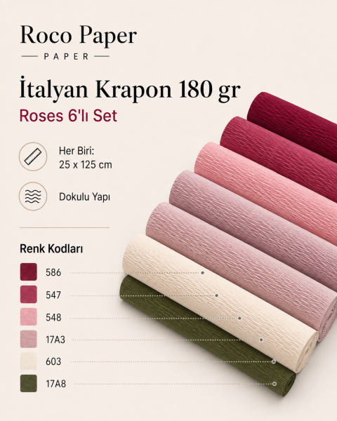 ROCO PAPER İtalyan Krapon Kağıdı Set Roses – 180 gr - 25X125 cm 6'lı Paket - %260 esneme özelliği – Renkli Kağıt Çiçekler