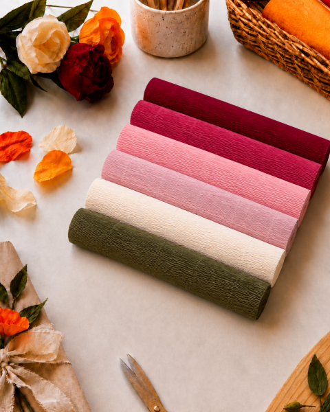 ROCO PAPER İtalyan Krapon Kağıdı Set Roses – 180 gr - 25X125 cm 6'lı Paket - %260 esneme özelliği – Renkli Kağıt Çiçekler