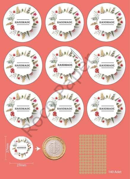 Handmade Yazılı Sticker – Hediye Paketi, Ambalaj, El Yapımı Ürün Etiketi, 27x27 mm, 140 Adet