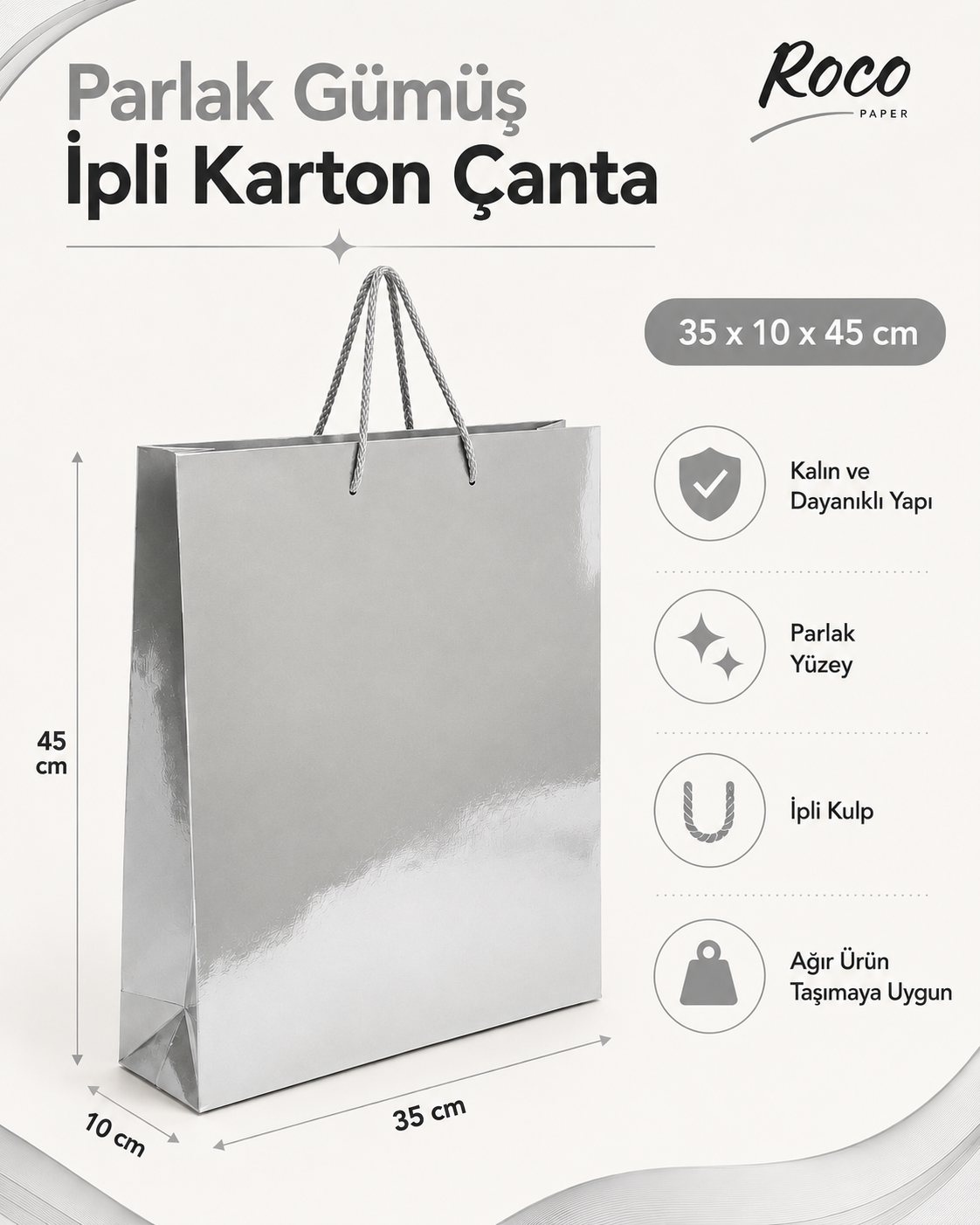 35 x 45 x 10 cm Premium Karton Hediye Çantası | Şık ve Dayanıklı Hediye Poşeti Gümüş - 10 Adet