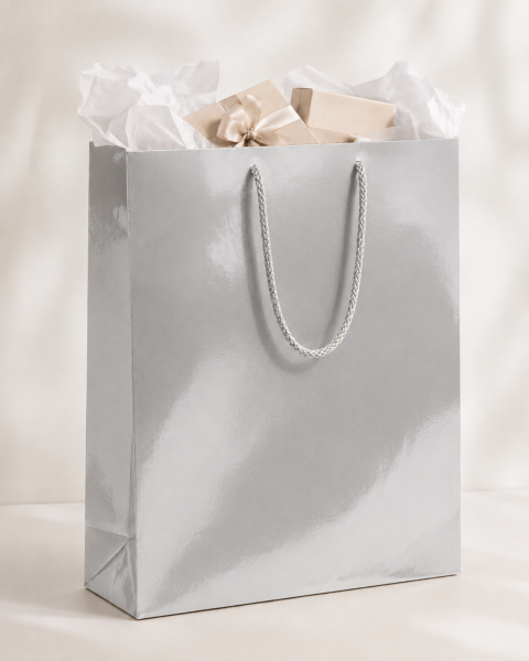 35 x 45 x 10 cm Premium Karton Hediye Çantası | Şık ve Dayanıklı Hediye Poşeti Gümüş - 10 Adet