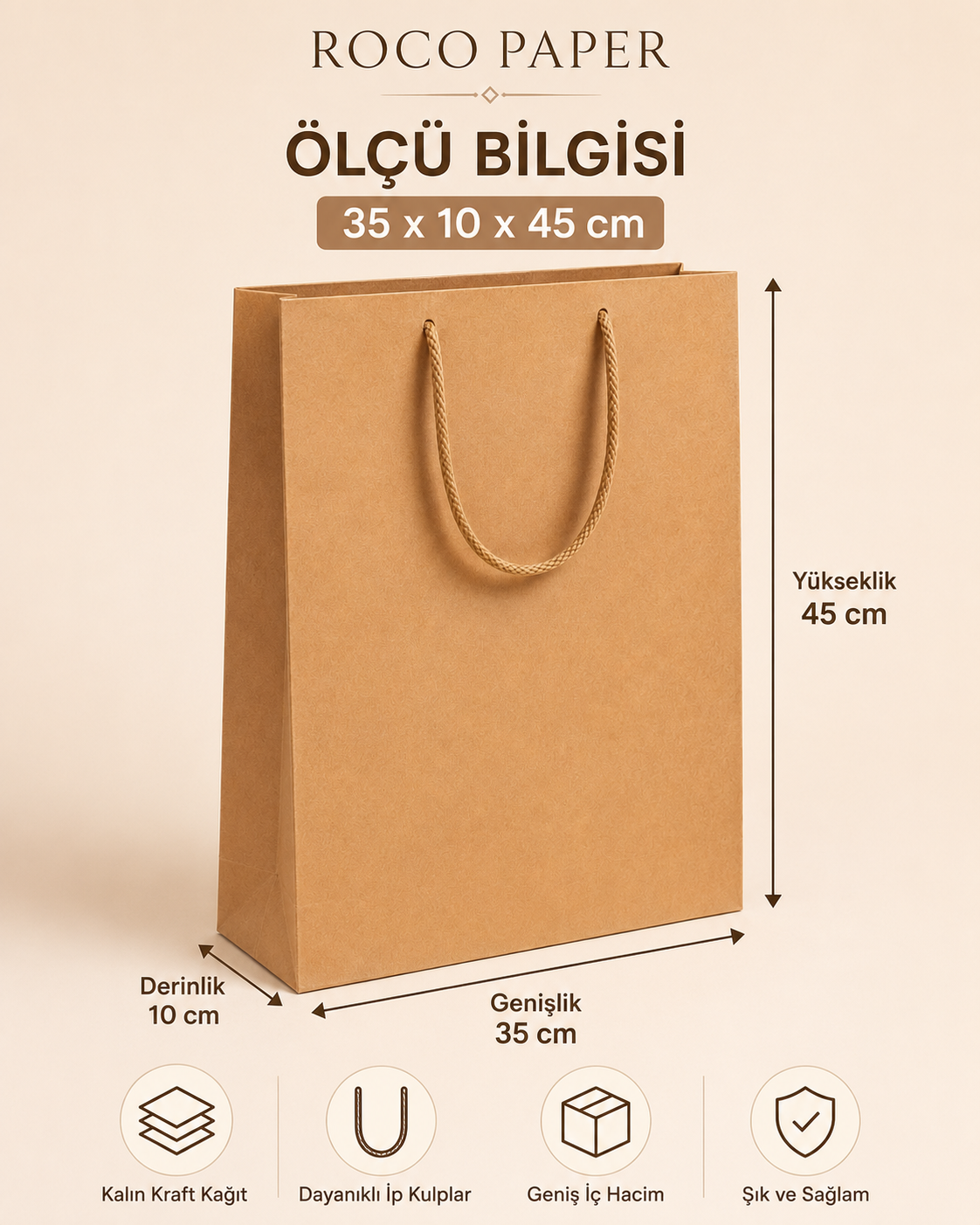 35 x 45 x 10 cm Premium Karton Hediye Çantası | Şık ve Dayanıklı Hediye Poşeti Kraft - 10 Adet