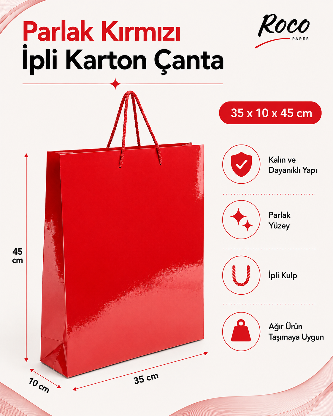 35 x 45 x 10 cm Premium Karton Hediye Çantası | Şık ve Dayanıklı Hediye Poşeti Kırmızı - 10 Adet