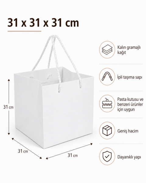 Yatay İpli Pasta Taşıma Karton Çanta 31 × 31 × 31 cm