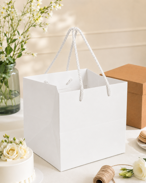 Yatay İpli Pasta Taşıma Karton Çanta 31 × 31 × 31 cm Beyaz - 5 Adet