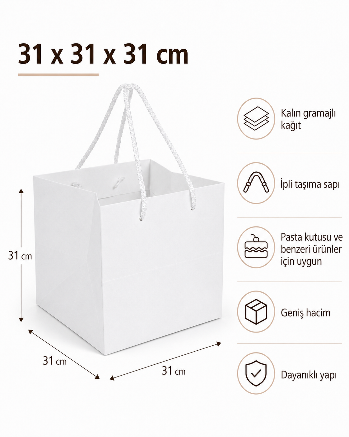 Yatay İpli Pasta Taşıma Karton Çanta 31 × 31 × 31 cm Beyaz - 10 Adet