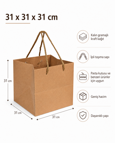 Yatay İpli Pasta Taşıma Karton Çanta 31 × 31 × 31 cm Kraft - 10 Adet