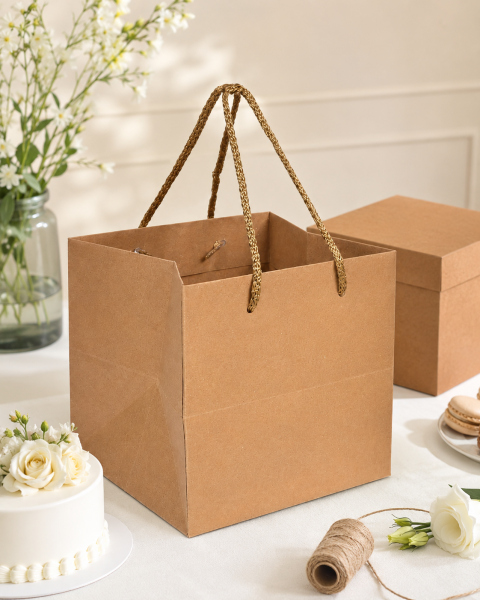 Yatay İpli Pasta Taşıma Karton Çanta 31 × 31 × 31 cm Kraft - 10 Adet