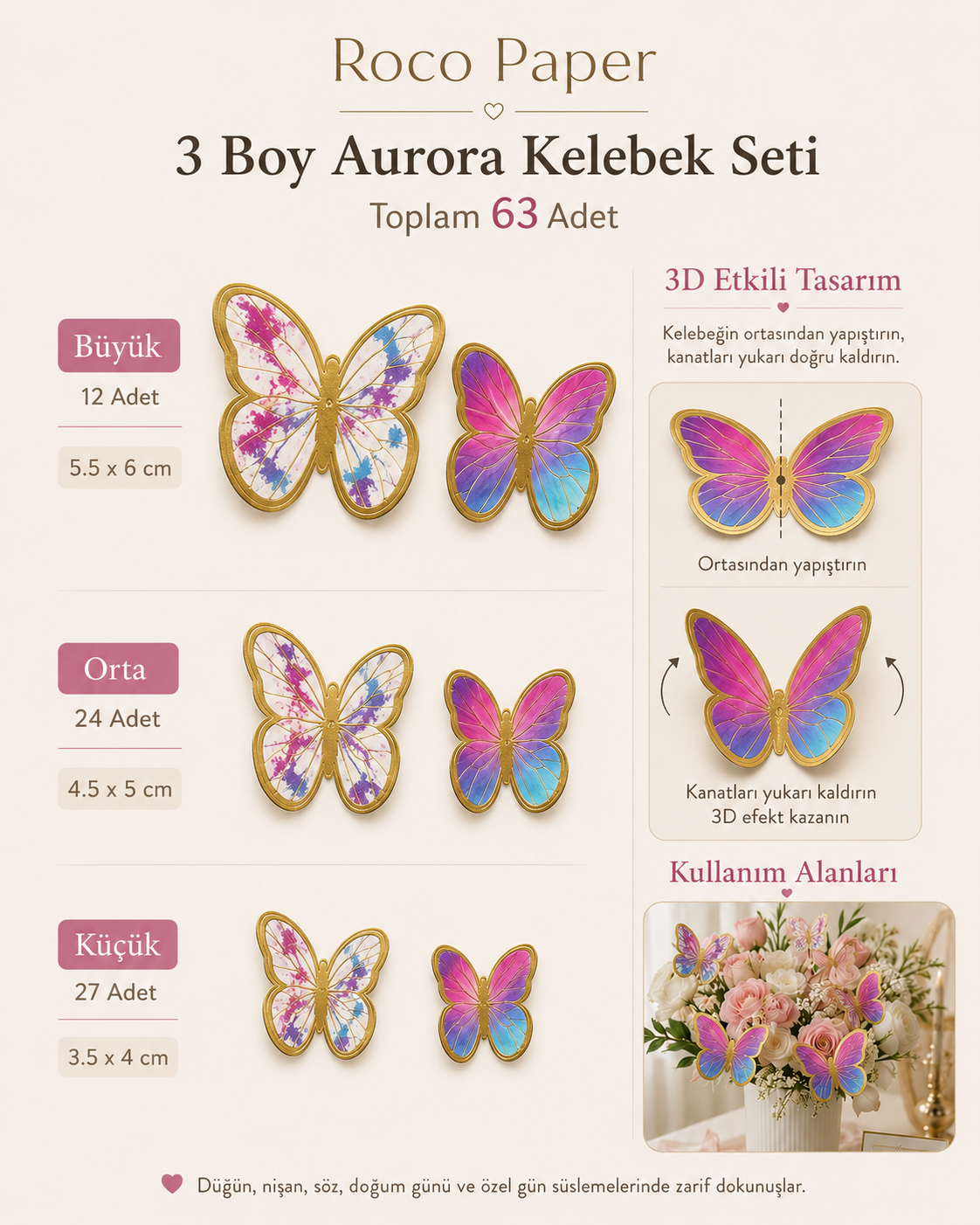 Kelebek Pasta ve Balon Zinciri Süsü 63 Adet 4-6 Cm Gold Yaldızlı Sert Karton Parti Süs Aurora