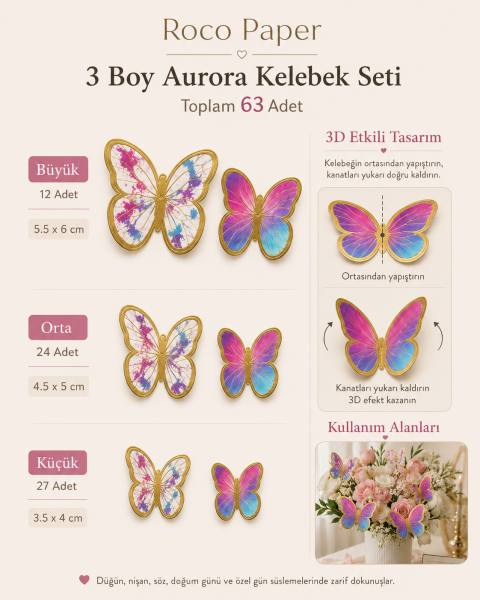 Kelebek Pasta ve Balon Zinciri Süsü 63 Adet 4-6 Cm Gold Yaldızlı Sert Karton Parti Süs Aurora