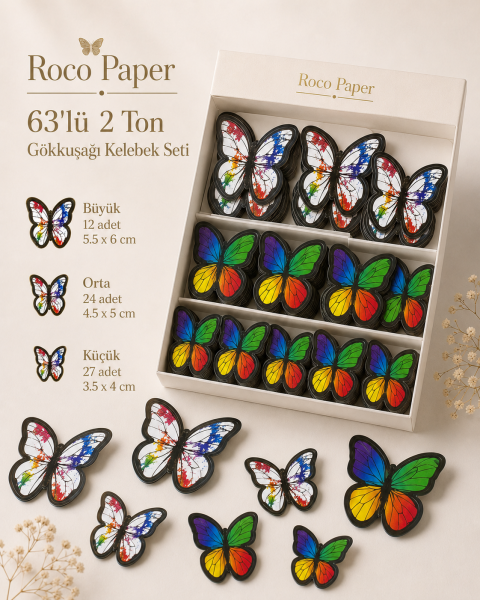 Kelebek Pasta ve Balon Zinciri Süsü 63 Adet 4-6 Cm Gold Yaldızlı Sert Karton Parti Süs Gökkuşağı
