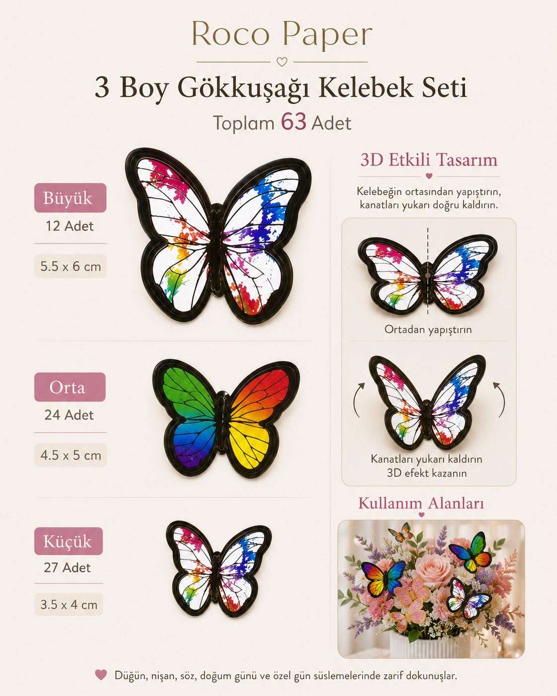 Kelebek Pasta ve Balon Zinciri Süsü 63 Adet 4-6 Cm Gold Yaldızlı Sert Karton Parti Süs Gökkuşağı