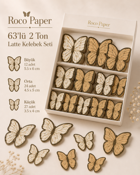 Kelebek Pasta ve Balon Zinciri Süsü 63 Adet 4-6 Cm Gold Yaldızlı Sert Karton Parti Süs Latte