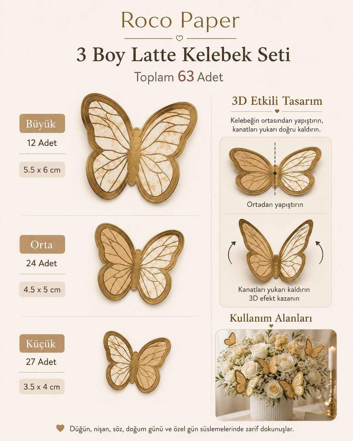Kelebek Pasta ve Balon Zinciri Süsü 63 Adet 4-6 Cm Gold Yaldızlı Sert Karton Parti Süs Latte