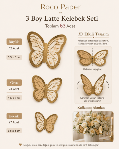 Kelebek Pasta ve Balon Zinciri Süsü 63 Adet 4-6 Cm Gold Yaldızlı Sert Karton Parti Süs Latte