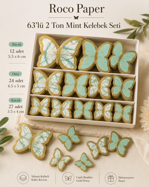 Kelebek Pasta ve Balon Zinciri Süsü 63 Adet 4-6 Cm Gold Yaldızlı Sert Karton Parti Süs Mint