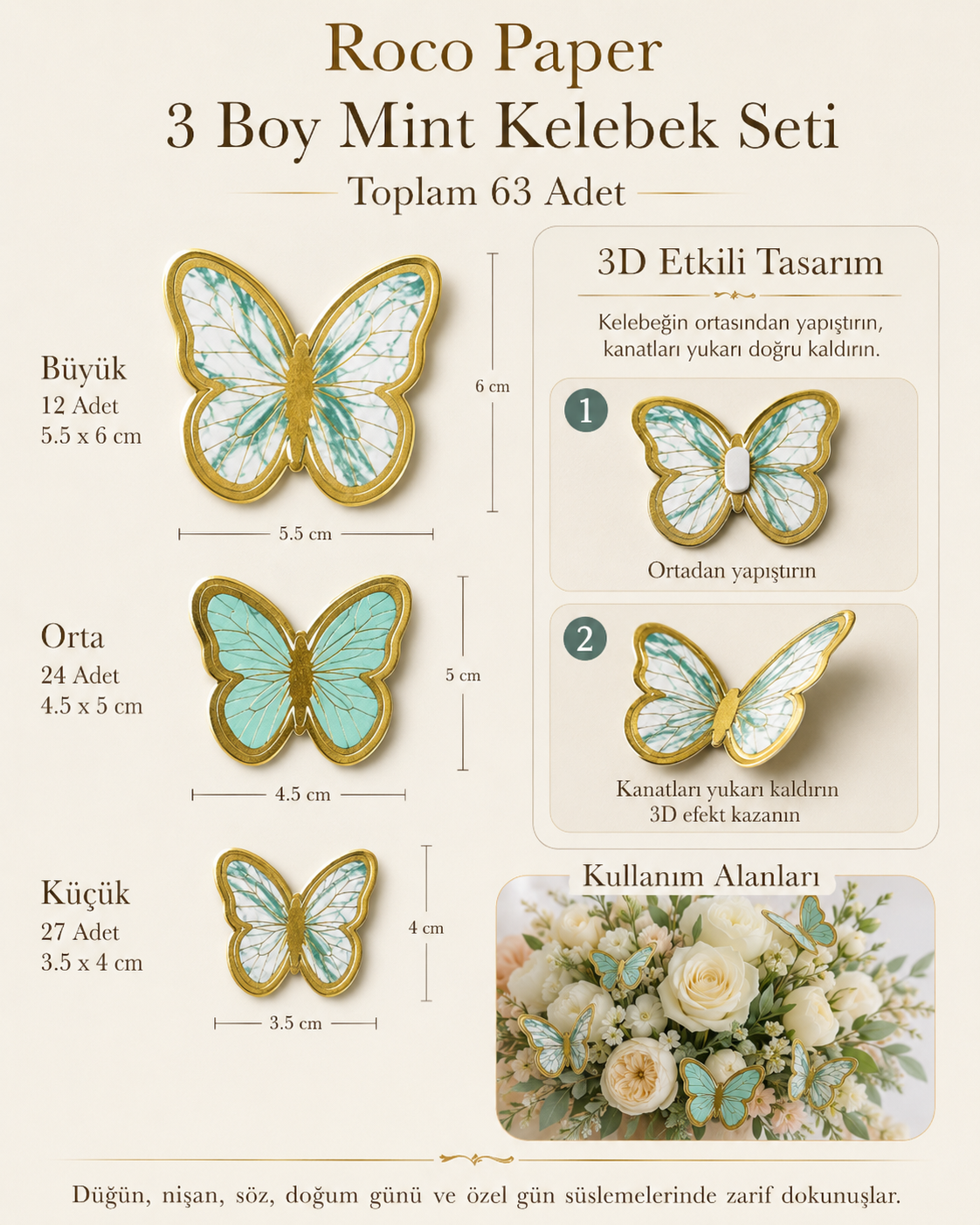 Kelebek Pasta ve Balon Zinciri Süsü 63 Adet 4-6 Cm Gold Yaldızlı Sert Karton Parti Süs Mint