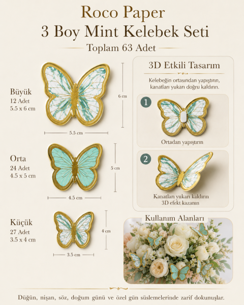 Kelebek Pasta ve Balon Zinciri Süsü 63 Adet 4-6 Cm Gold Yaldızlı Sert Karton Parti Süs Mint