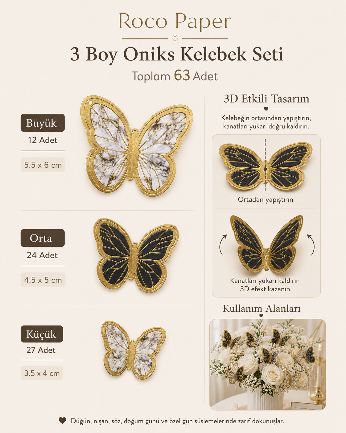 Kelebek Pasta ve Balon Zinciri Süsü 63 Adet 4-6 Cm Gold Yaldızlı Sert Karton Parti Süs Oniks