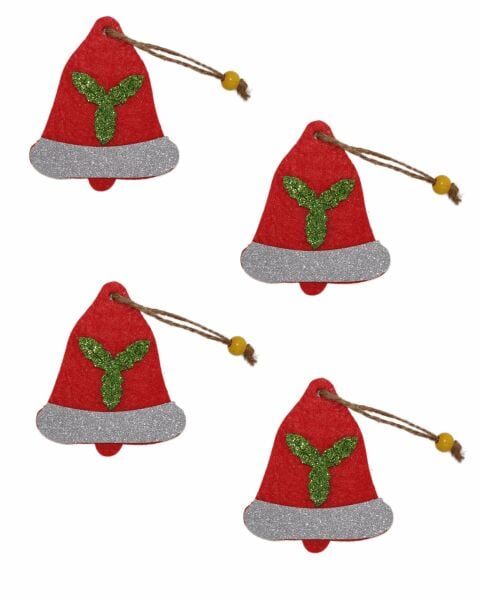 Yılbaşı Ağacı Süsleme Seti - Simli Keçe Hediye Paketi - 4 Adet 8,5x9,5 cm BÇ001 Kırmızı Renk