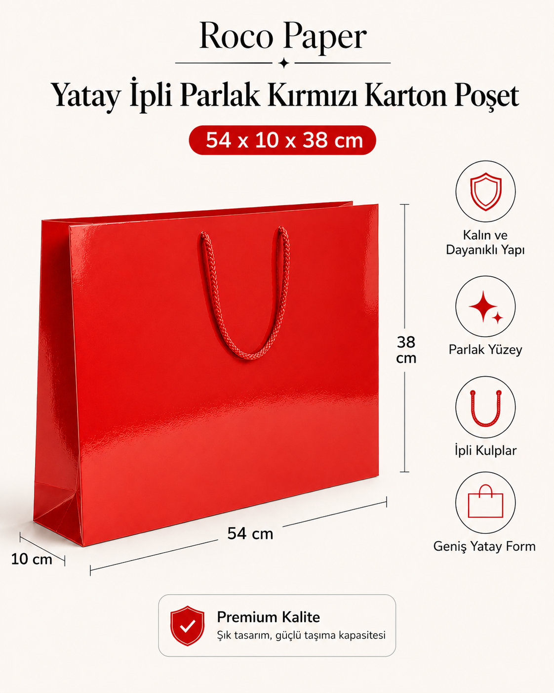 38 x 54 x 10 cm Premium Karton Hediye Çantası | Şık ve Dayanıklı Hediye Poşeti Kırmızı - 10 Adet