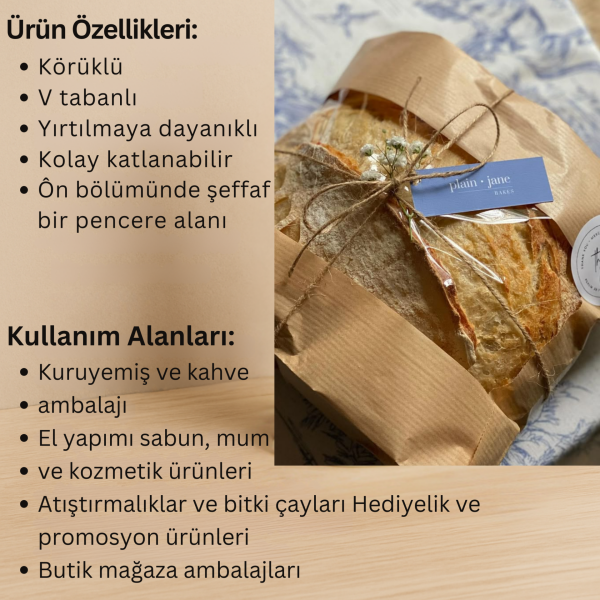 Kraft Şamua Pencereli Kese Kağıdı, Körüklü, V Tabanlı Doğal Ambalaj Poşeti, Hediyelik, Gıda, Butik Paketleme 50 Adet - 12x25