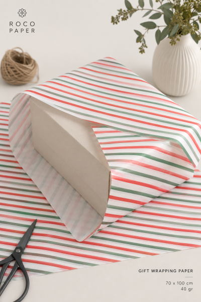 Beyaz Ambalaj Kağıdı Kırmızı & Koyu Yeşil Verev Çizgili 40 gr. 70x100 cm 10'lu Paket