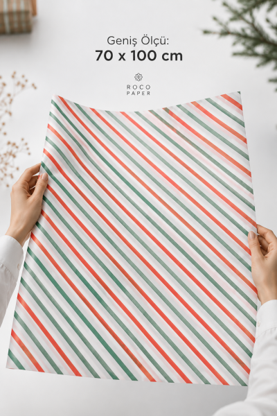 Beyaz Ambalaj Kağıdı Kırmızı & Koyu Yeşil Verev Çizgili 40 gr. 70x100 cm 10'lu Paket