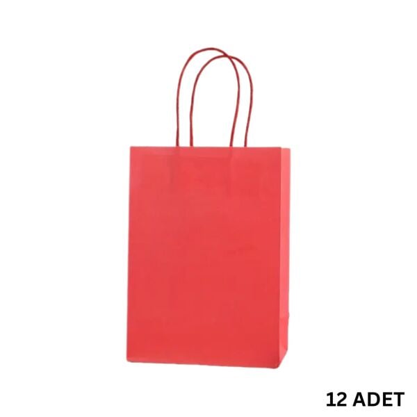 Büküm Saplı Mini Kağıt Çanta Seti-12li, Parti, Doğum Günü, Hediye Çantaları, 11x15x6 Cm, Kırmızı Renk