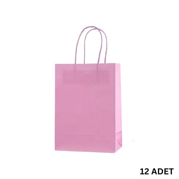 Büküm Saplı Mini Kağıt Çanta Seti-12li, Parti, Doğum Günü, Hediye Çantaları, 11x15x6 Cm, Pembe Renk