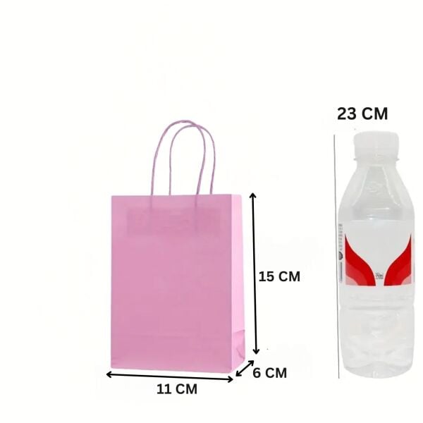 Büküm Saplı Mini Kağıt Çanta Seti-12li, Parti, Doğum Günü, Hediye Çantaları, 11x15x6 Cm, Pembe Renk