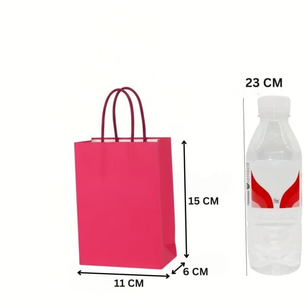 Büküm Saplı Mini Kağıt Çanta Seti-12li, Parti, Doğum Günü, Hediye Çantaları, 11x15x6 Cm, Koyu Pembe