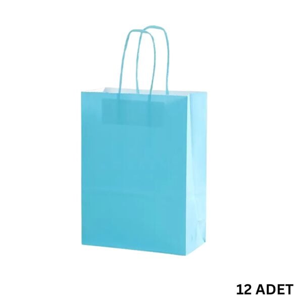Büküm Saplı Mini Kağıt Çanta Seti-12li, Parti, Doğum Günü, Hediye Çantaları, 11x15x6 Cm, Açık Mavi