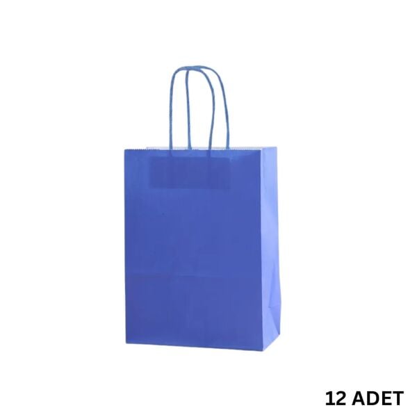 Büküm Saplı Mini Kağıt Çanta Seti-12li, Parti, Doğum Günü, Hediye Çantaları, 11x15x6 Cm, Mavi