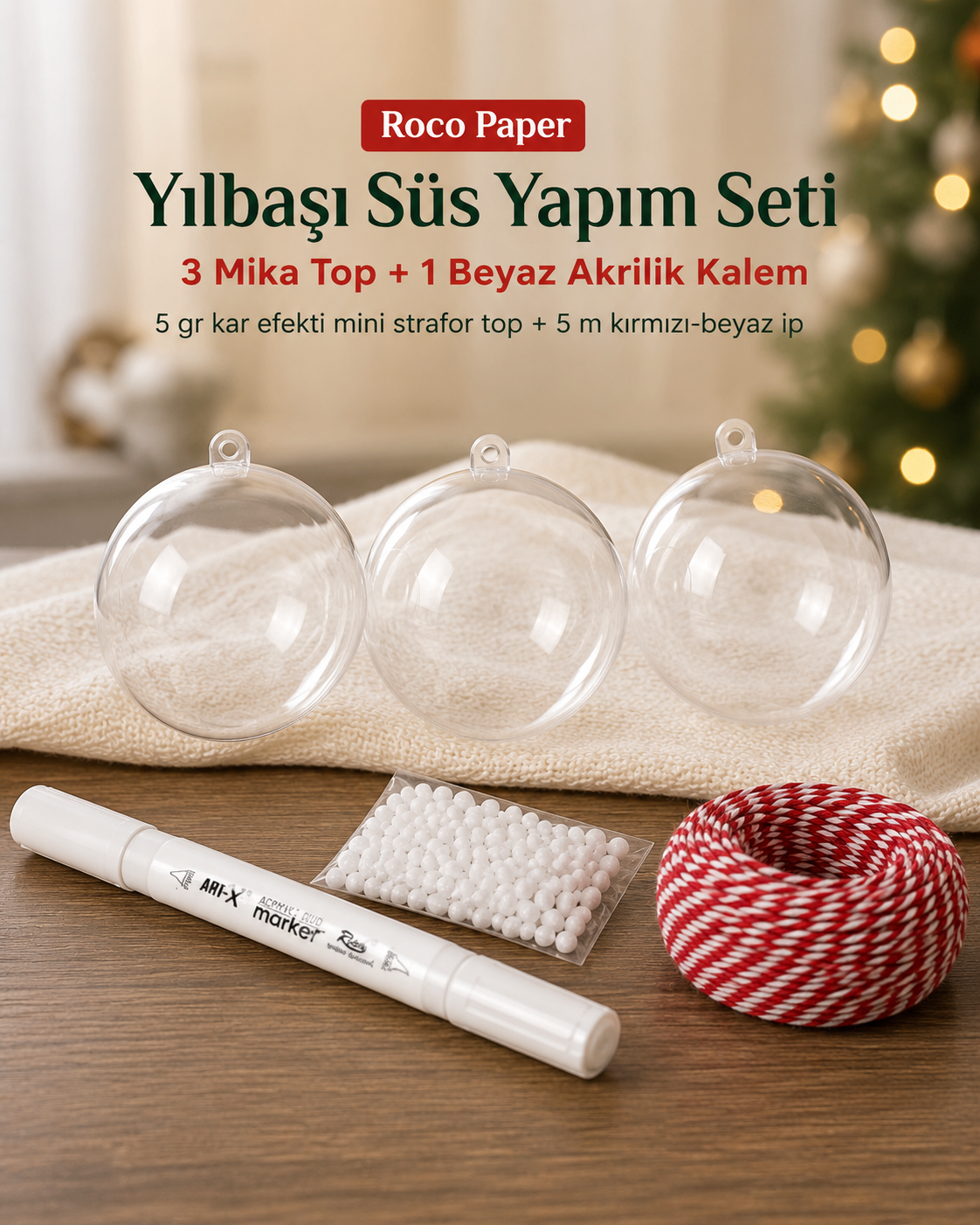 Yılbaşı Topu Boyama 3 adet Şeffaf Top , Beyaz Akrilik Kalem , Kar Tozu , 5 mt. İp 6 cm Top Seti